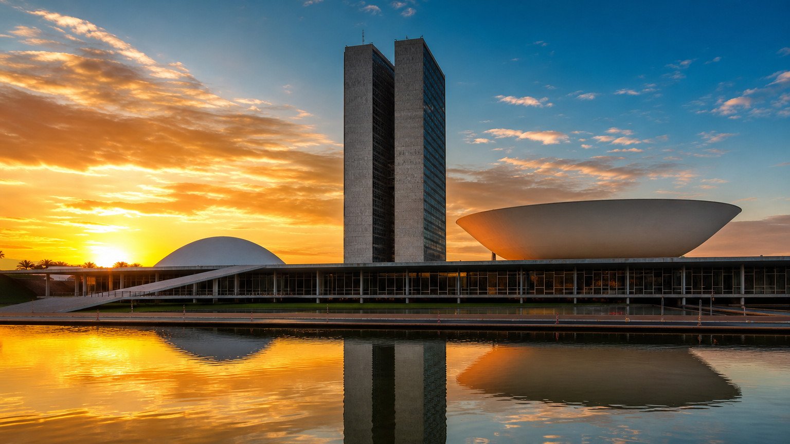 Congresso Nacional em Brasília ao entardecer.